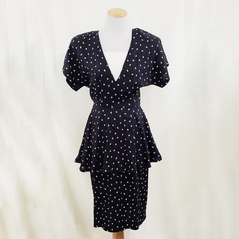 Vintage Dawn Joy peplum dress black and white abstract size 9